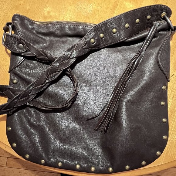 Brown Leather bag with braided strap and fringe zipper pull - Picture 2 of 11